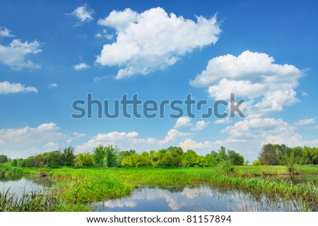 Beautiful rural landscape with flood waters of Narew river in Poland.