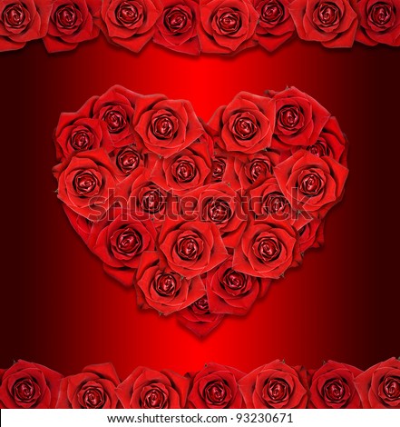 Red roses in the shape of the heart. Postcard with red gradient background.