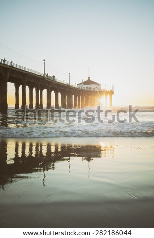 Manhattan Beach Pier California Sunset Under Pier Sunburst