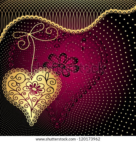 Vintage purple valentine floral frame with gold heart