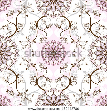 Gentle pastel seamless background with round pink-blue flowers