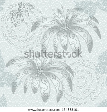 Silvery vintage seamless pattern with flowers, butterflies and concentric circles