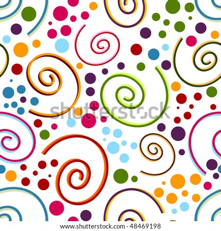 Abstract seamless white pattern with vivid colorful curls and balls