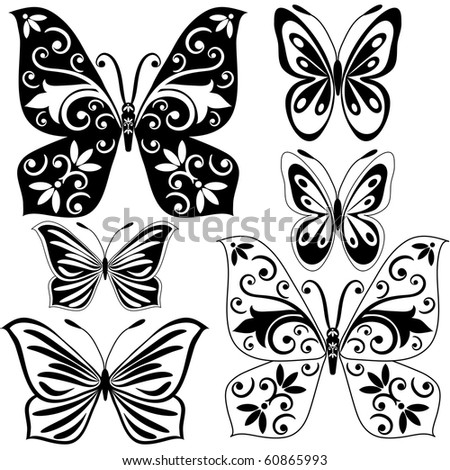 stock photo Set black and white vintage butterflies for design isolated on