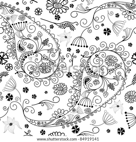 White and black seamless floral pattern with  paisley