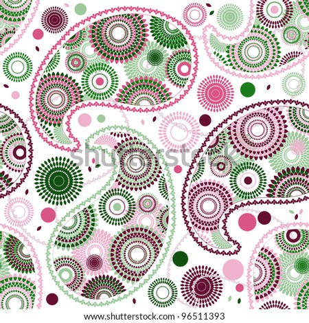 Seamless white pattern with colorful paisley and balls