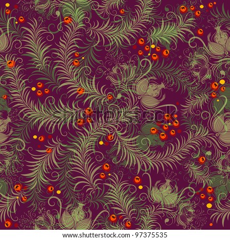 Dark purple seamless floral pattern with transparent leaves, flowers and berries