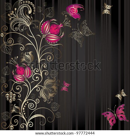Vintage dark striped easter elegance frame with gold floral border and butterflies