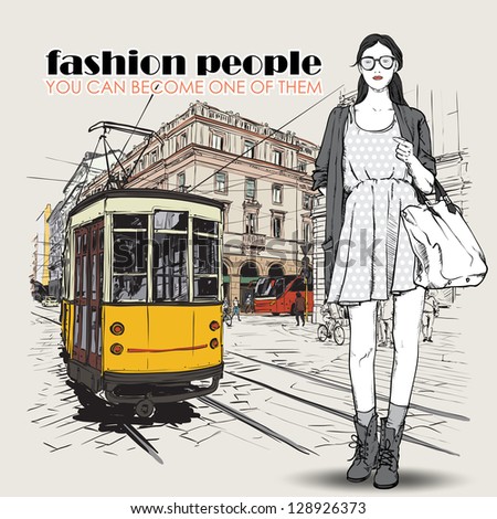 EPS10 vector illustration of a pretty fashion girl and old tram Vintage style EPS10 vector illustration of a pretty fashion girl and old tram Vintage style