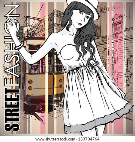 Vector illustration of a pretty fashion girl and old tram Vector illustration of a pretty fashion girl and old tram