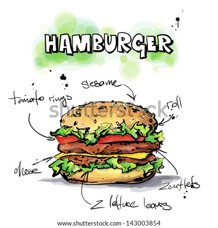 Cool tasty hamburger Sketch & watercolor style Vector illustration Cool tasty hamburger Sketch & watercolor style Vector illustration