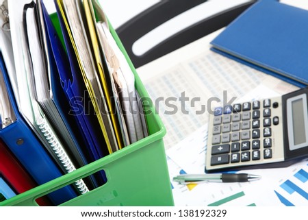 Box with the documents. Finance and accounting business