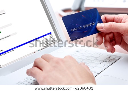 Woman hands, white laptop, credit card, shopping online payment