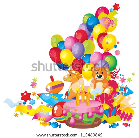 Children\'s birthday: toys, birthday cake, balloons, gift boxes, and  Frame for your text congratulations
