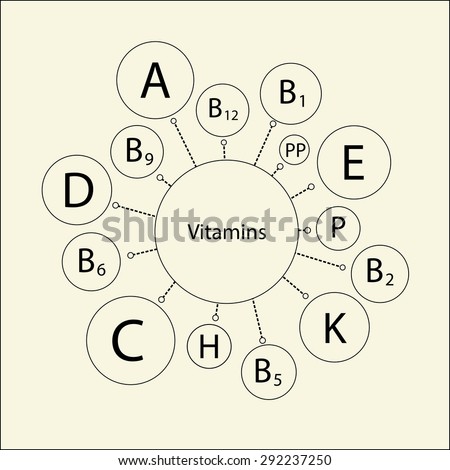 Essential vitamins necessary for human health, including children\'s health. Schematic representation of the names of the vitamins. Contour picture on a light background.