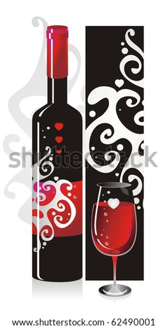 Composition from a bottle and a glass with red wine with a pattern and heart symbols