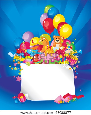 Children's birthday: toys, birthday cake, balloons, gift boxes, and ...