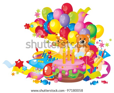 Childrens Birthday Cakes on Children S Birthday Toys Birthday Cake Balloons And Gift Boxes