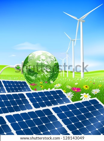 Green energy concept with Planet Earth and electric plug on a lush meadow with solar panels in the foreground and wind turbines in the background.