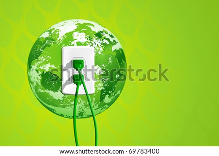 Plug into the energy of Planet Earth! Concept with green plugs, outlet and green leaf pattern in the background
