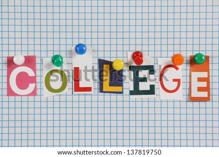 The word College in cut out magazine letters pinned to blue lined graph paper background