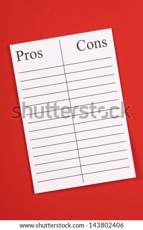 A blank list of Pros an Cons on lined paper against a red textured paper background. Such lists help assess opportunity or current situations and relationships and make your decision.