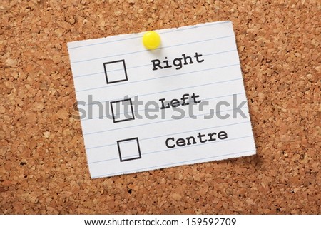 Right,Left or Centre tick boxes on a paper note pinned to a cork notice board, allowing you to express your political views or preferences.