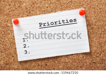 A blank list of Priorities on a paper note pinned to a cork notice board In business and in life we draw up lists of actions to aid us in getting things done A blank list of Priorities on a paper note pinned to a cork notice board In business and in life we draw up lists of actions to aid us in getting things done