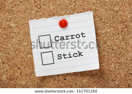The carrot or stick approach is a metaphor for the techniques used to get people to take action or follow a leader. Do you bribe them or beat them? Use the tick boxes to decide.