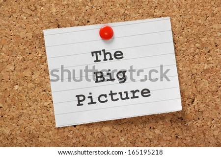 The phrase The Big Picture typed onto a piece of lined paper and pinned to a cork notice board