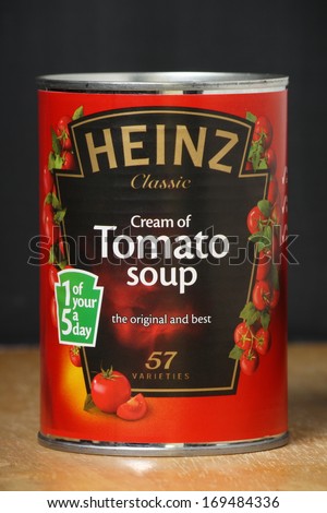 Bracknell, England - January 03, 2014: A Tin Of Heinz Cream Of Tomato Soup. Heinz Started Manufacturing Food Products In The Usa In 1869
