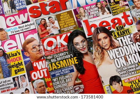 Bracknell, United Kingdom - January 28, 2014: A selection of celebrity news, gossip and entertainment magazines on sale in the United Kingdom on January 28th, 2014