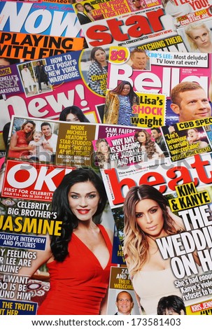 Bracknell, United Kingdom - January 28, 2014: A selection of celebrity news, gossip and entertainment magazines on sale in the United Kingdom on January 28th, 2014