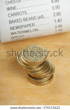 Shop receipt or till roll for food shopping curled up on a plain wood background with a stack of British Pound coins.