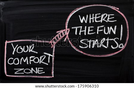 Blackboard concept for leaving your comfort zone behind and moving to where the fun starts