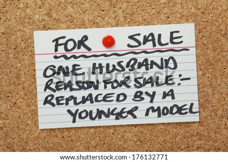 A Husband For Sale Card pinned to a cork notice board. A humorous look at breakdowns in relationships
