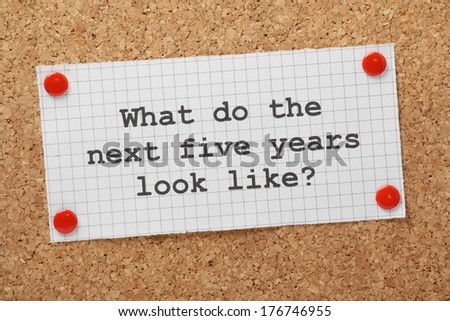 The question What Do The Next Five Years Look Like typed on a piece of graph paper and pinned to a cork notice board. A concept for business planning and looking to the future.