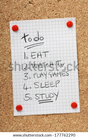 A humorous version of a To Do list for students with leisure activities and other priorities including time for study