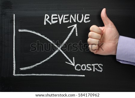 A graph showing Revenue rising and costs falling on a blackboard with a hand in a business shirt giving the okay thumbs up