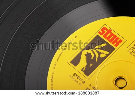 Bracknell, England, UK - April 19, 2014: Close up of a vinyl record and the Stax label on April 19th, 2014. Stax promoted work by legendary music artists including Otis Redding and Isaac Hayes.
