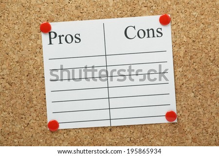 A blank list of Pros an Cons on lined paper pinned to a cork notice board