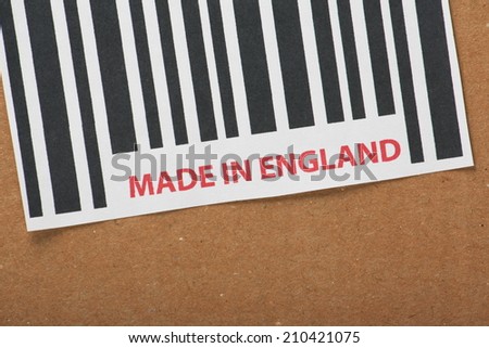Bar code label on a cardboard box with the words Made in England