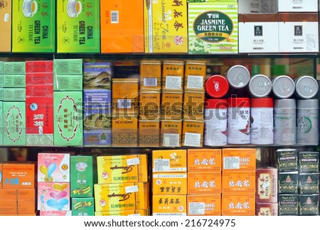 London, England - Sept 11th, 2014: A shop window display of various teas for sale in the heart of Chinatown, London on September 11th 2014