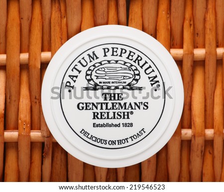 London, England - Sept 25th, 2014: A pot of Patum Peperium, The Gentleman\'s Relish. Invented by Englishman John Osborn in 1828 the paste is mainly spiced anchovy and butter with herbs and spices