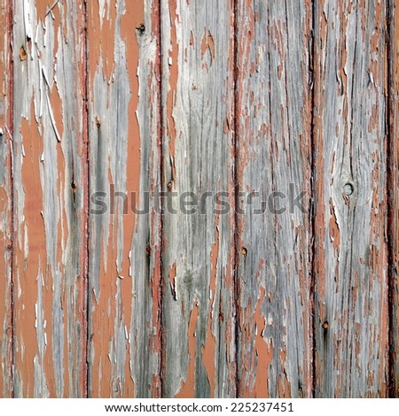 Close up of a wooden background with aged, knotted panels and peeling brown paint.