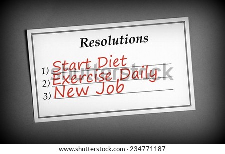 A black and white image of three resolutions listed on white card with red text, promising to start a diet,exercise daily and find a new job. Vignette added for effect