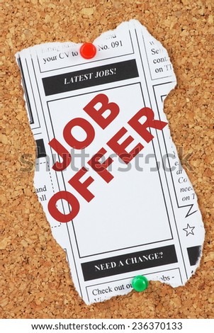 Mock up of the Latest Jobs from the classified ads section of a newspaper with the phrase Job Offer  in the column box