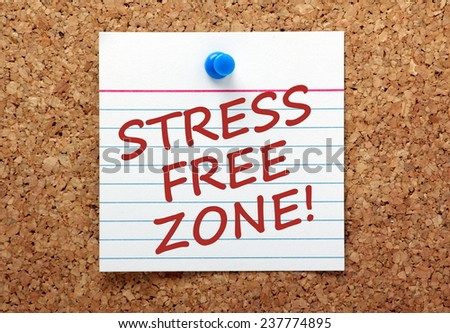 The phrase Stress Free Zone written in red ink on a lined note card and pinned to a cork notice board.