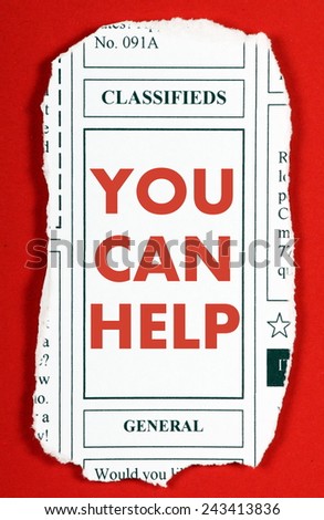 The phrase You Can Help in red ink on a newspaper clipping from the classified advertising section