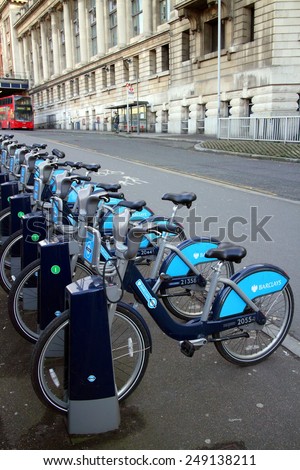 London, England - January 24, 2015: Row of Barclays Bank Bicycles available for hire  in Central London on January 24th, 2015. The rental scheme provides over 5000 bikes for hire across the city.